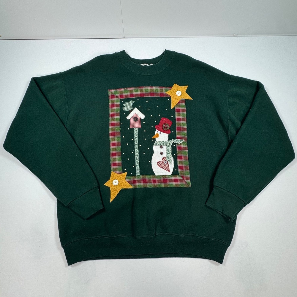 Vintage Fruit of the Loom Snowman Christmas Sweatshirt Green Large Made in USA - Picture 3 of 10
